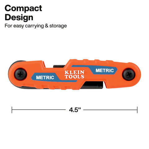 Compact Folding Hex Key Set With 25 Sizes In Metric And SAE Plus Torx Keys, orange 4.5-inch pocket portable tool closed view.