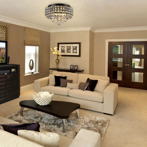 Dope Black K9 Crystal Flush Mount Chandelier 4 Light Ceiling Fixture With Metal Round Shade in elegant living room