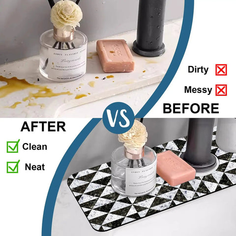 Go To Sink Mat With Faucet Splash Guard, Super Absorbent Diatom Mud, Fast Drying, Mosaic Texture, Showing Before and After Use