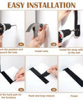 Step-by-step installation guide for Heavy Duty Anti Tip Furniture Straps 6 Pack showing tools and strap placement.
