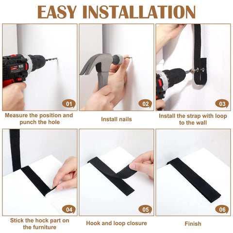 Step-by-step installation guide for Heavy Duty Anti Tip Furniture Straps 6 Pack showing tools and strap placement.