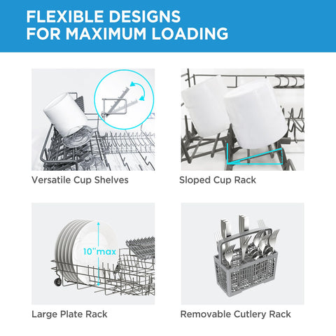Smooth Operator Portable Countertop Dishwasher flexible designs, cup shelves, sloped rack, large plate rack, cutlery basket.