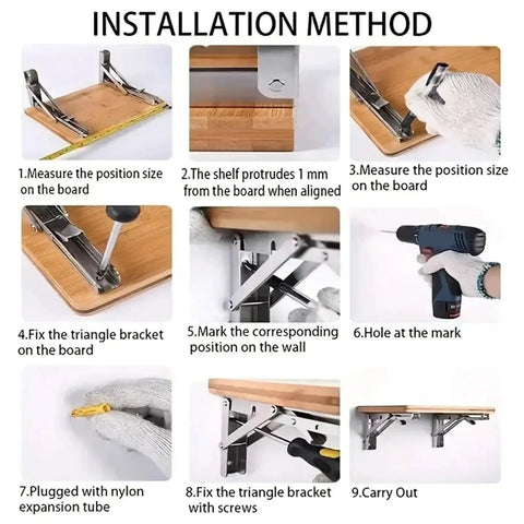 Installation steps for Heavy Duty Folding Triangle Shelf Brackets Set Two Pack Adjustable Wall Mount Brackets