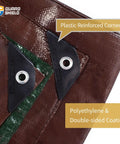 Close-up of Heavy Duty Outdoor Tarp 20x30 Feet 7Mil Brown Green Poly Cover Waterproof with reinforced corner and grommet.