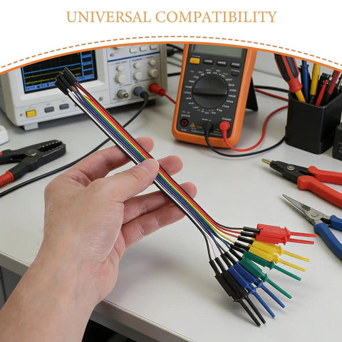 Hand holding Micro SMD Grabber Clips for Logic Analyzer and Oscilloscope Probes, Breadboard Interface Pins in a lab