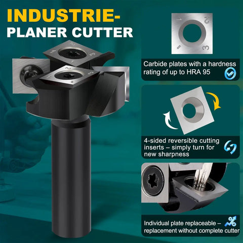 Industrie-planer cutter with four carbide plates, HRA 95 hardness, reversible inserts for new sharpness, black shank.