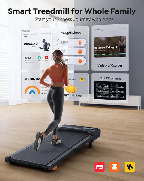Walking Pad Treadmill With 10 Percent Incline For Home Office And Under Desk Use Ultra Compact Portable Treadmill With App Control And Remote Non Slip Running Belt Low Noise 285 Lb Capacity, woman running on treadmill in home office space.