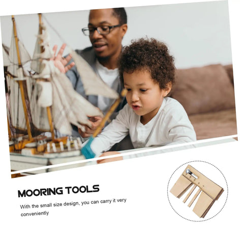 Child and adult using Wooden Mooring Tools Set for Ship Building Models, Sailboat Craft Supplies with wooden ship model.