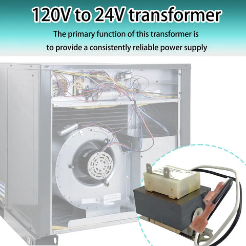 120V To 24V HVAC Transformer For Goodman Amana Furnaces 40VA Class 2 Control Primary 120V Secondary 24V Foot Mount Multi Tap Replacement Furnace Transformer displayed next to an HVAC system.