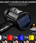 Rechargeable Spotlight With 2,000,000 Lumens, Handheld Hunting Flashlight With COB Light And Solar Panels showing four colors