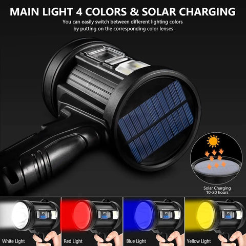Rechargeable Spotlight With 2,000,000 Lumens, Handheld Hunting Flashlight With COB Light And Solar Panels showing four colors