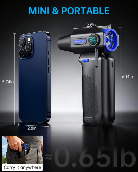Cordless Air Duster With LED Light And 150000 RPM Brushless Motor next to smartphone showcasing mini portable design