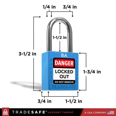 Front view of Blue Keyed Alike Lockout Padlock Set For Grouping Control, 10 Durable LOTO Locks With Two Keys Each, OSHA Compliant.