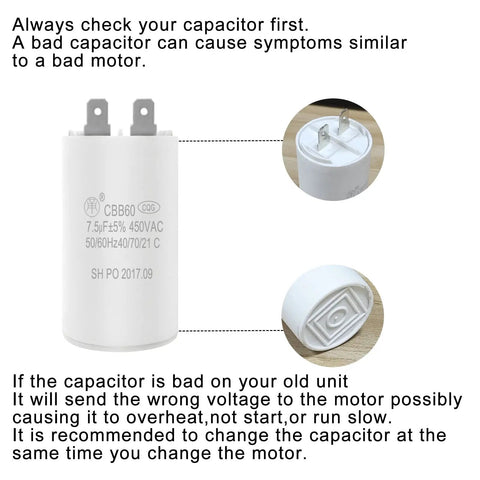 Pro Grade Drop In Replacement Condenser Fan Motor One Third Horsepower 1 Phase 1075 RPM 208 To 230 Volts For HVAC Condenser Unit Single Speed Must Match Current Motor Specs capacitor detail with text explanation