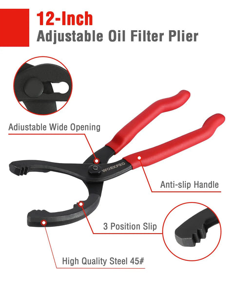 12" adjustable oil filter plier with red handles, part of 2-Piece Oil Filter Wrench Set With 12 Inch Adjustable Oil Filter Plier And 3-Jaw Universal Removal Tool For Quick, Easy Oil Changes On Cars, Motorcycles, Trucks, SUVs And Gearhead Friendly Home Garage Projects