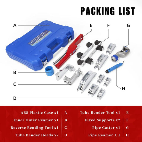 Ratcheting Tube Bender Kit for Refrigeration and HVAC Installations With Reverse Bending Attachment, tools and case displayed