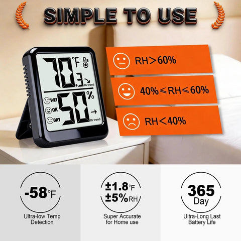 Indoor Room Thermometer And Hygrometer Real Time Temp And Humidity Monitor With Digital Display Accurate Readings From -58 To 158 F Easy Humidity Control Great For Home Office Nursery, black tabletop unit