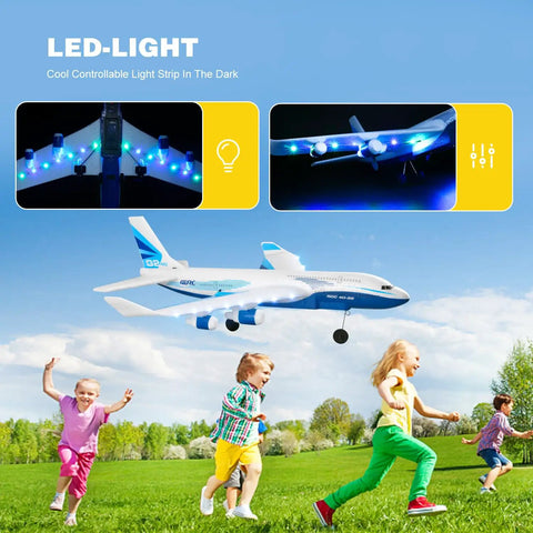 Starter Friendly Foam RC Airplane With 3 Batteries, 2.4GHz Long Range Remote, bright LED lights, kids playing in the background