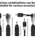 All In One Bike Repair Kit With Mini Ratchet Wrench And Ten Bits One Quarter Inch Ratcheting Driver Extension Rod displayed