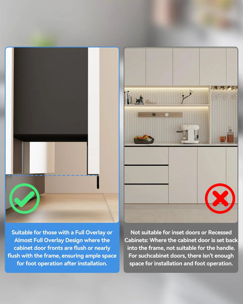 Diagram comparing suitability of Foot Pull For Trash Cabinet Drawer With Touchless Hands Free Operation For Full Overlay Doors Black Finish.