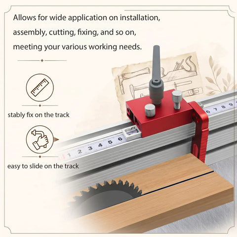 Universal 3.5 Inch Fence Flip Stop Block T Track Stop Block featuring calibrated reader on track for precision woodworking.