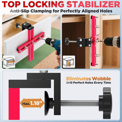 Adjustable Cabinet Hardware Jig For Precise Hole Alignment In Knobs And Handles DIY Cabinet Install Drill Guide Template Spacing From 2.5 Inch To 7.5 Inch Aluminum Body Built To Last And Easy To Use For Quick Boss Level Accuracy in use on cabinet door with drill