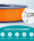 Sunlu PLA filament spool, front view, 1.75 mm, orange color on blue spool
