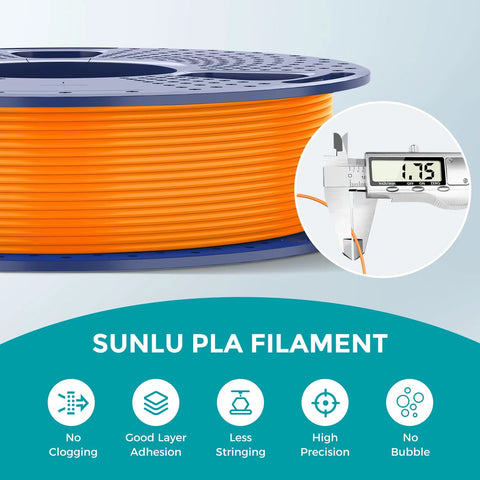 Sunlu PLA filament spool, front view, 1.75 mm, orange color on blue spool
