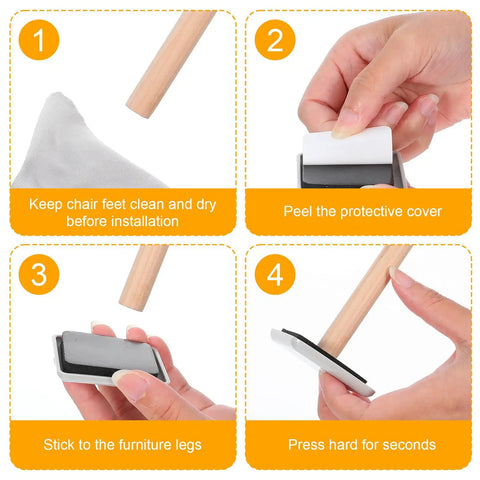 Step-by-step guide to installing 8 Pack Carpet Furniture Sliders for Heavy Furniture on Carpet, showing cleaning, peeling, sticking, pressing.