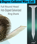 1-1/2 Inch Hot-Dipped Galvanized 15 Degree Collated Wire Coil Siding Nails Full Round Head Ring Shank 0.092 Inch, close-up view