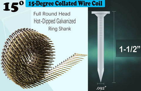 1-1/2 Inch Hot-Dipped Galvanized 15 Degree Collated Wire Coil Siding Nails Full Round Head Ring Shank 0.092 Inch, close-up view