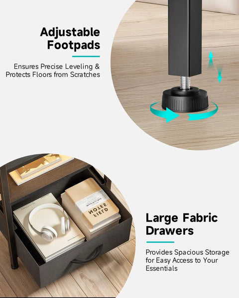 Nightstand With Charging Station And LED Light Strip showing adjustable footpads and large fabric drawers detail.