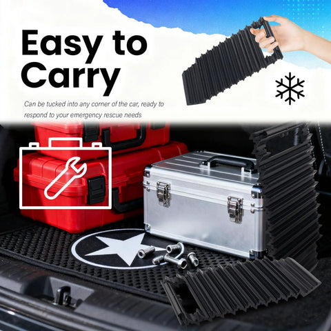 Heavy Duty 2 Pack Car Tire Traction Mats Featuring Non Slip Grip And Compact Handles Versatile Winter Recovery Tracks accessible in vehicle trunk.