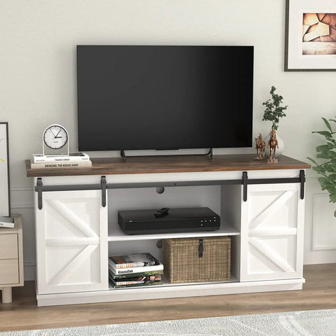 65 Inch TV Stand With Storage Cabinets And Sliding Barn Doors In Bright White Dope Farmhouse Style Entertainment Console With Mid Century Modern Flair For Living Room Or Bedroom Holds Flat Screen TV And Keeps Cables Tidy, featuring wooden shelves and decorative items