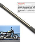 Must Have Motorcycle Fork Service Kit with Oil Level Gauge and Damper Bleed Tool, tool detail with instructions visible