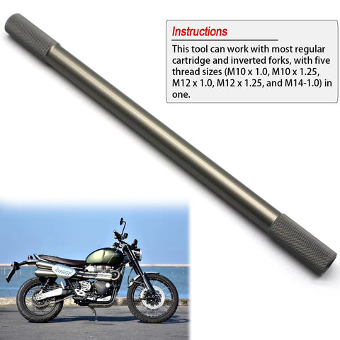 Must Have Motorcycle Fork Service Kit with Oil Level Gauge and Damper Bleed Tool, tool detail with instructions visible