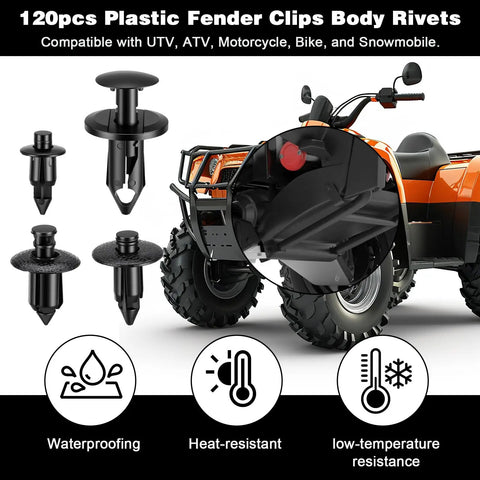 120 Piece Plastic Push Pin Clips Set For UTV ATV Motorcycle M6 M7 M8 Fasteners shown with durable poly rivets on ATV