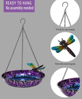 Outdoor 11 Inch Metal Hanging Bird Bath And Feeder With Colorful Purple And Blue Bowl Rustproof Black Chain Dragonfly Yard Art And Garden Decor Weather Resistant Bird Bath For Backyard Birds