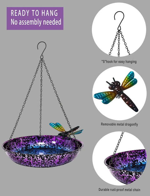 Outdoor 11 Inch Metal Hanging Bird Bath And Feeder With Colorful Purple And Blue Bowl Rustproof Black Chain Dragonfly Yard Art And Garden Decor Weather Resistant Bird Bath For Backyard Birds