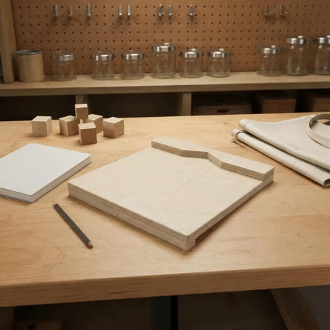 Heavy Duty Desktop Wood Carving Jig With Killer Grip And Precision Stop on a woodworking table with tools nearby.