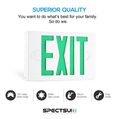 Six Pack LED Exit Signs With Emergency Lights Green Battery Backup Exit Light UL Listed visible with green letters, side view