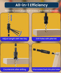 Top Shelf Countersink Drill Bit Set With 1/4 Inch Hex Shank, Titanium Coated 82 Degree Adjustable Depth Guides For Fast Clean Woodwork showcasing adjustable length and drill hole features.