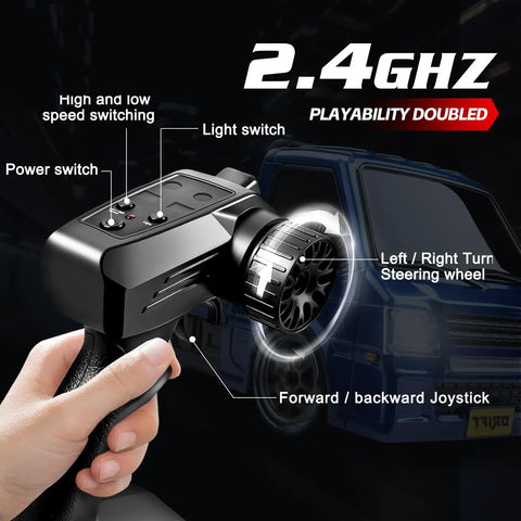 Remote control features for 4WD Drift RC Car With 2.4GHz Remote And Dual Battery Setup showcasing speed, light, and steering options.