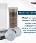 Coin Storage Tubes For 40 Quarters, Archival Quality Plastic Holders With Screw On Caps, 100 Pack showing clear plastic and coins