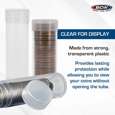 Coin Storage Tubes For 40 Quarters, Archival Quality Plastic Holders With Screw On Caps, 100 Pack showing clear plastic and coins