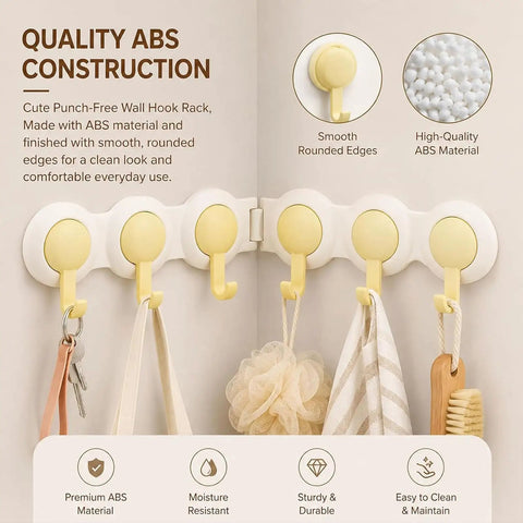 No Drill Drama Heavy Duty Wall Hook Rack With Grip Tape That Saves Your Paint While Serving A Flexible Swivel Fold showing 6 hooks in yellow.