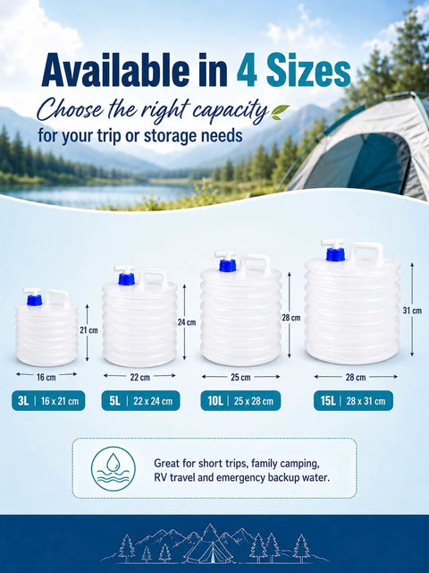 4 sizes of the Foldable Water Container With Spigot For Camping And Travel 3 Liter Accordion Water Jug with Handle Leakproof Spout