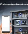 Hand holding smartphone for Slick Outdoor Smart Wifi Circuit Breaker With Dead Simple Smartphone App Remote Control And Real Time Monitoring For No Sweat Home Or Industrial Power Management 63A Adjustable Electrical Switch.