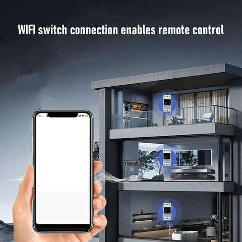Hand holding smartphone for Slick Outdoor Smart Wifi Circuit Breaker With Dead Simple Smartphone App Remote Control And Real Time Monitoring For No Sweat Home Or Industrial Power Management 63A Adjustable Electrical Switch.