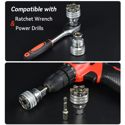 Upgraded Adjustable Universal Socket Wrench Tool For DIYers And Pros, 10mm To 19mm Universal Socket with ratchet and drill